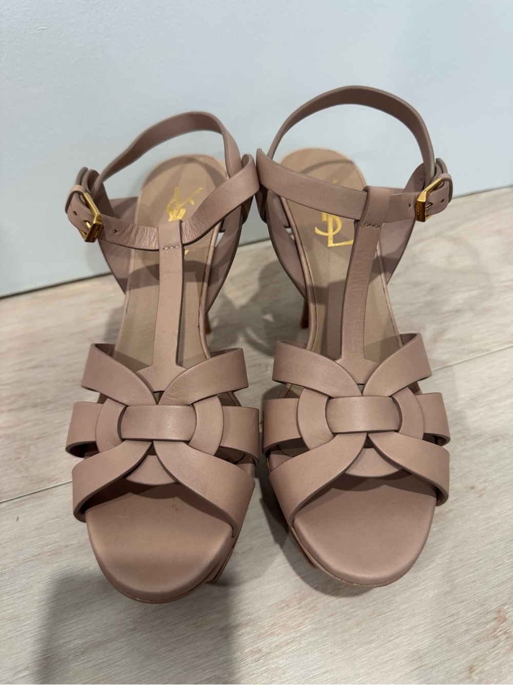 Saint Laurent Blush Tan Braided T-Strap Platform Sandals